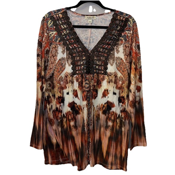 ONE WORLD Tops - One World~LARGE~Top Blouse Tunic Women's Rust V-Neck Long Sleeve